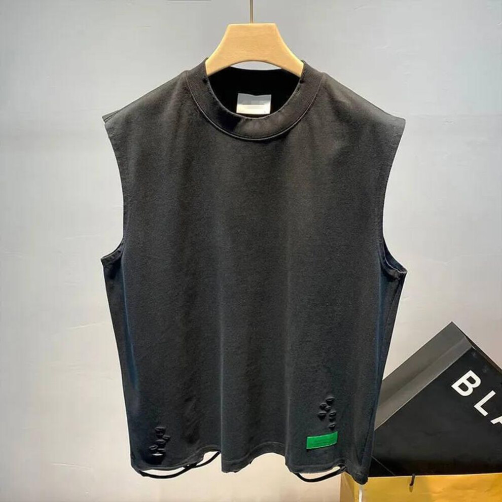 (black, M) Summer Ripped Hole O Neck Men Tank Top Fashion Personality Casual Oversized T Shirt Clothing Sports Daily Street Black White