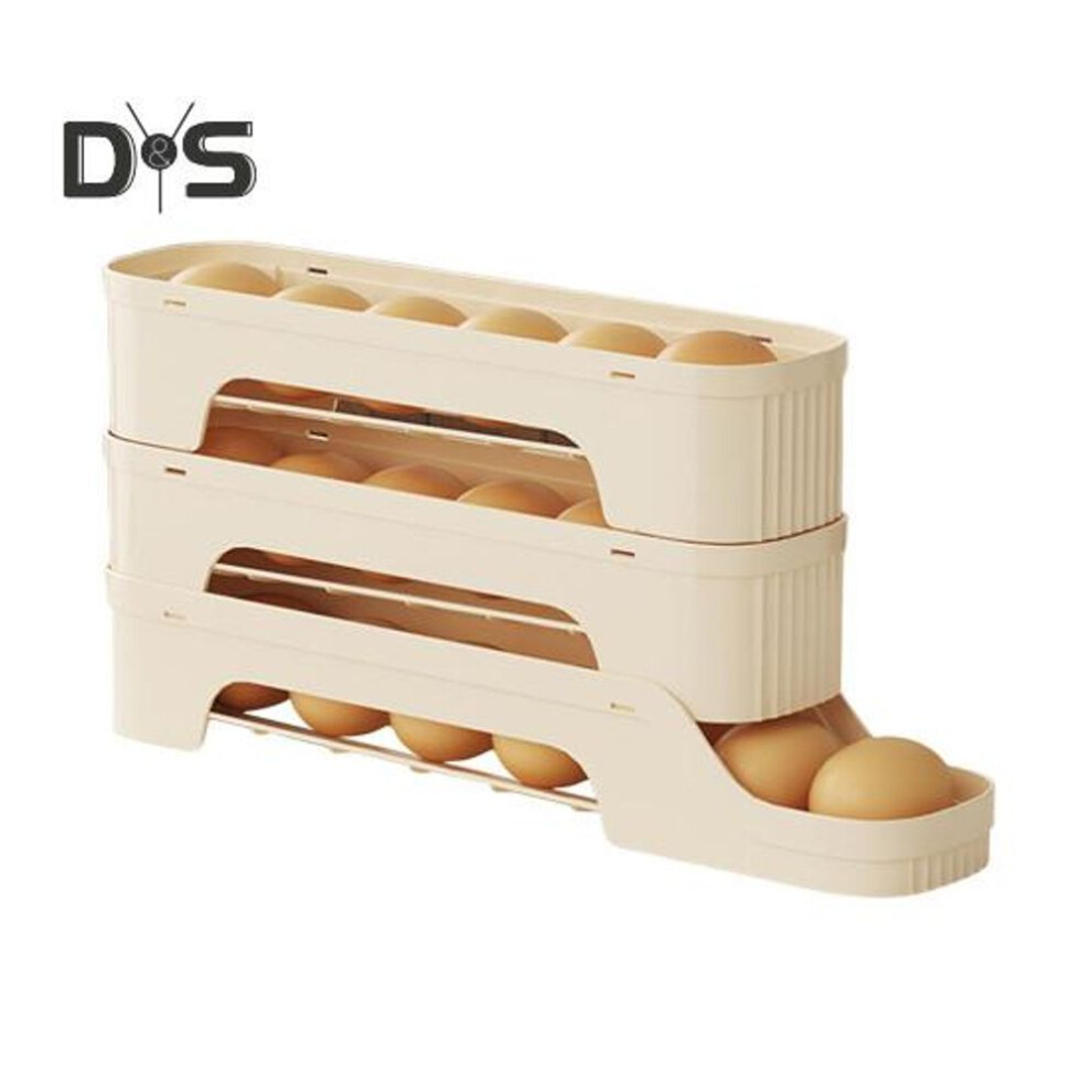 (beige, Triple Layer) Egg Storage Box Refrigerator Organizer Large Capacity 4 Tiers Space-saving Auto Rolling Fridge Egg Organizer Egg Dispenser