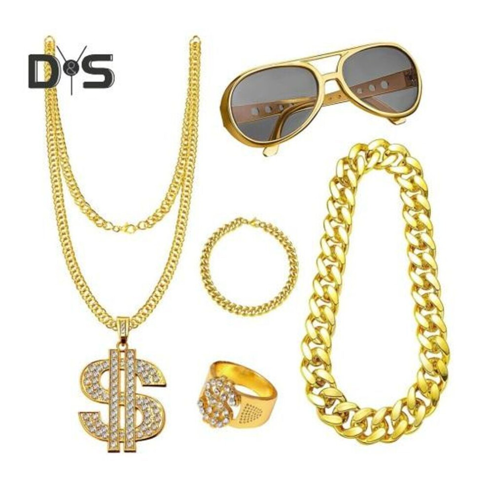 Punk Jewelry Set Unisex Hip Hop Style Exaggerated Thick Chain Rhinestone Decor Golden Color Club Party Performance Sunglasses Necklace Bracelet Ring