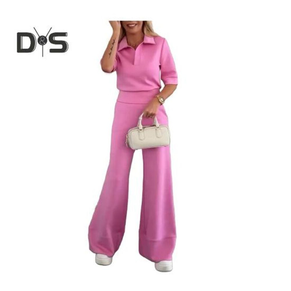 (pink, M) 2Pcs/Set Women Casual Shirt Pants Suit Solid Color Spring Summer Turn Down Collar Short Sleeve Top High Waisted Wide Leg Pants Long Trousers