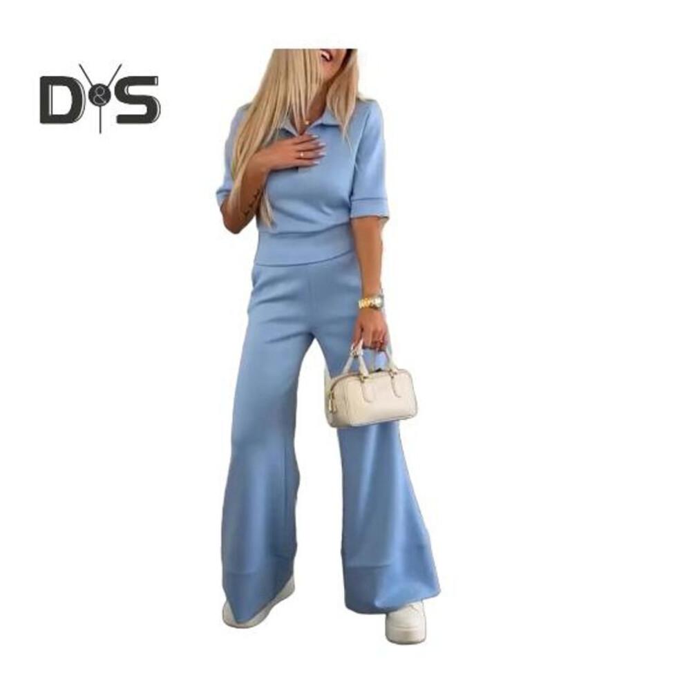 (blue, XL) 2Pcs/Set Women Casual Shirt Pants Suit Solid Color Spring Summer Turn Down Collar Short Sleeve Top High Waisted Wide Leg Pants Long Trousers