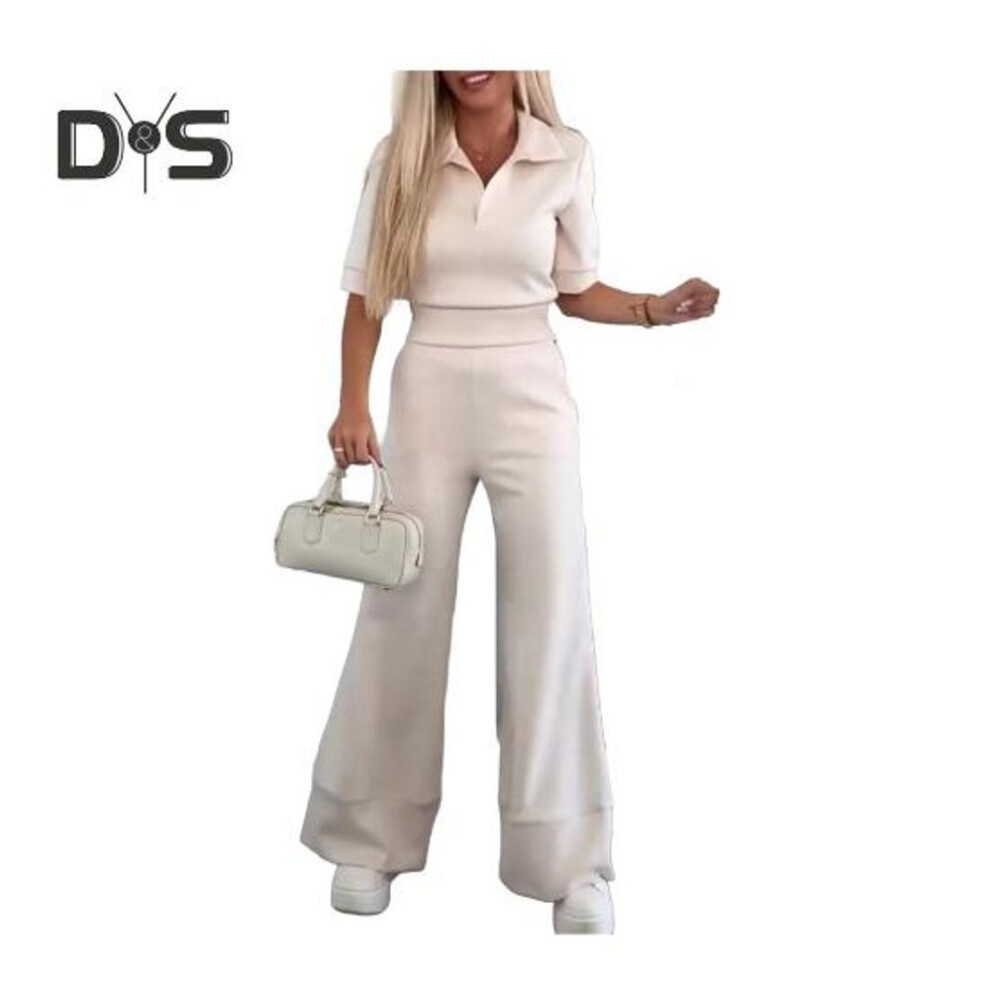 (beige, M) 2Pcs/Set Women Casual Shirt Pants Suit Solid Color Spring Summer Turn Down Collar Short Sleeve Top High Waisted Wide Leg Pants Long Trousers