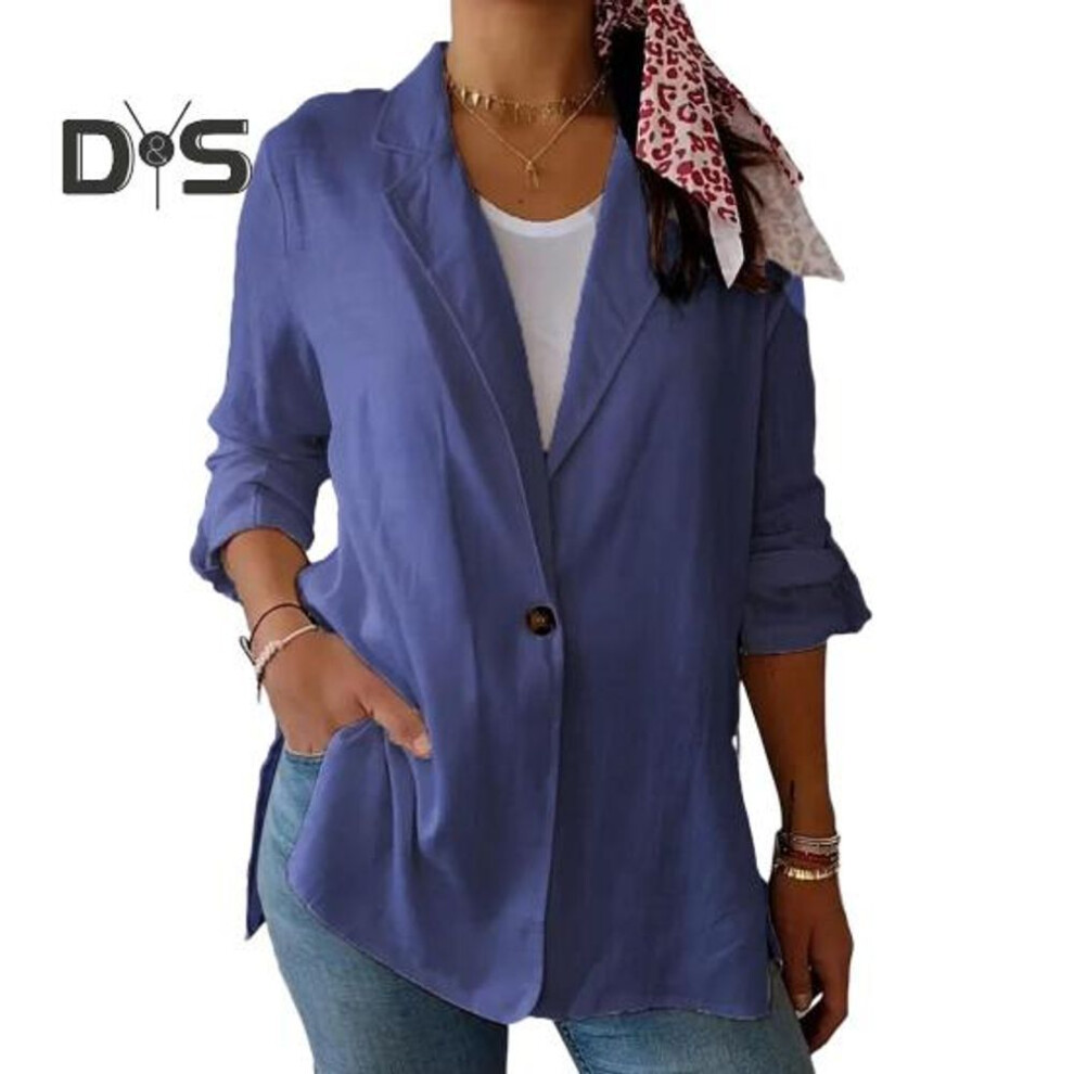 (blue, XXXL) Women Suit Coat Lapel Long Sleeve Single Button Loose Fit Coat Solid Color Thin Work Office Suit Jacket Workwear