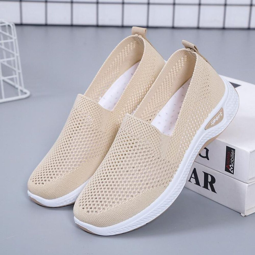(beige, 41) Women's Summer Lightweight Slip-On Shoes - Breathable Mesh, Flying Woven, Soft-Soled Casual Sneakers