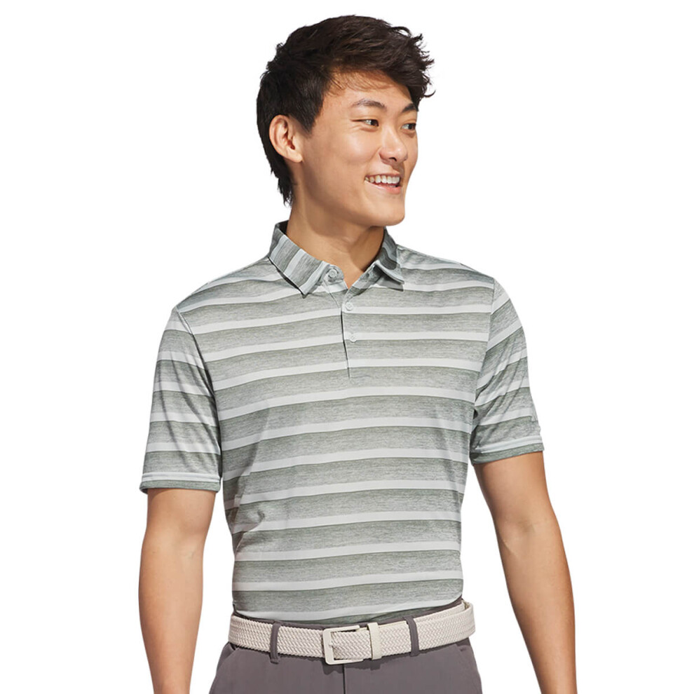 (L, Green/Wonder Silver) adidas Golf Mens 2025 Two Colour Stripe 3 Button Sustainable Polo Shirt