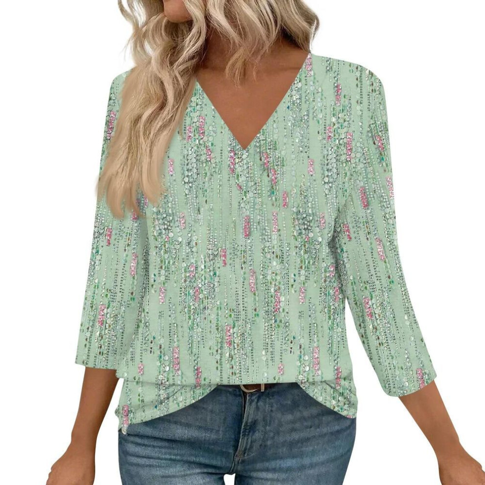 (L, light green) 3/4 Length Sleeve Womens Tops V Neck Casual Tunic Tops Basic Shirts Loose Fit Blouse