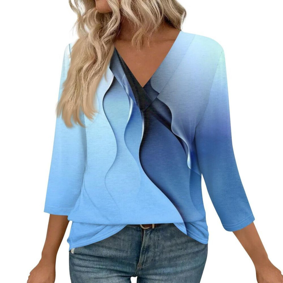 (XXL, blue) 3/4 Length Sleeve Womens Tops V Neck Casual Tunic Tops Basic Shirts Loose Fit Blouse