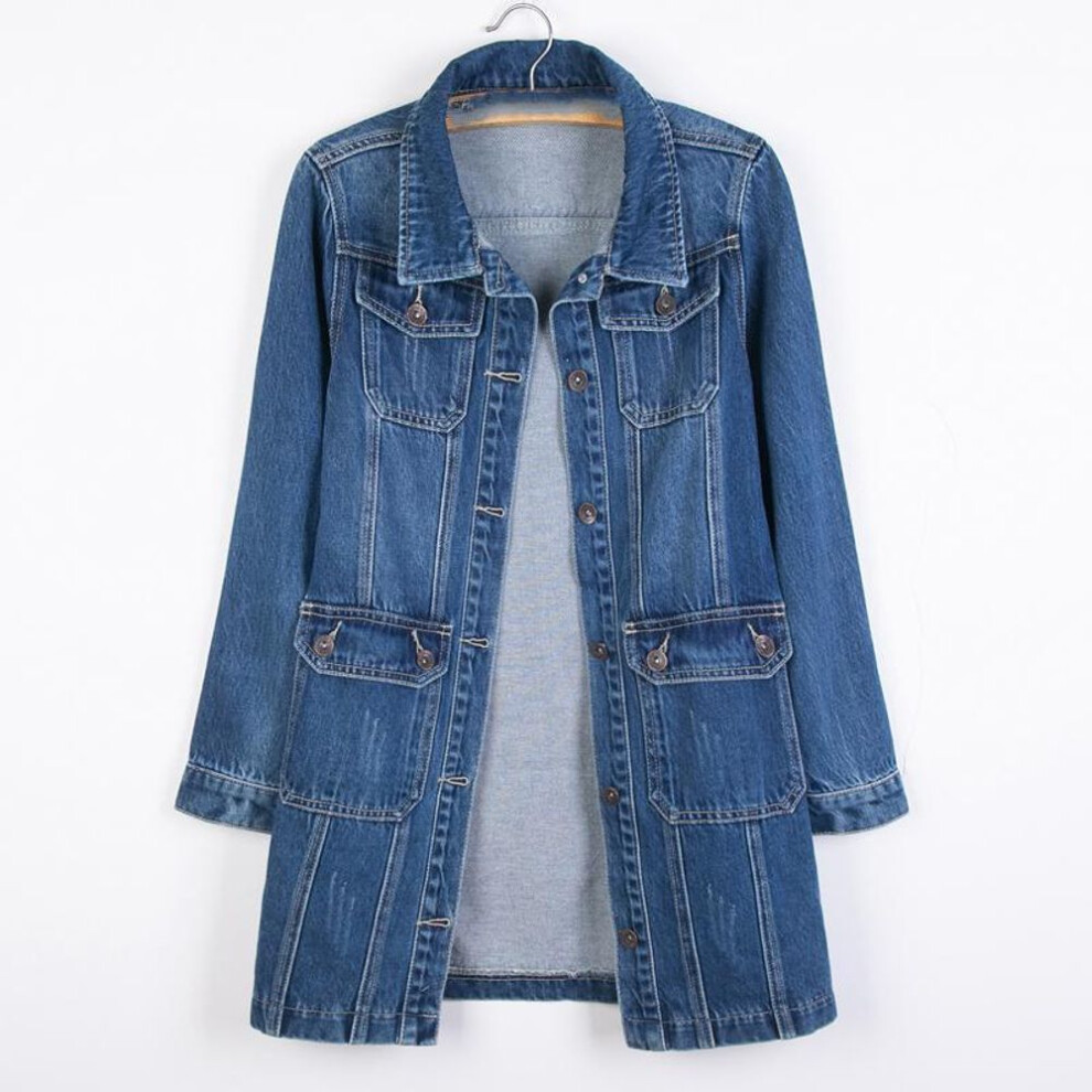 (blue, L) Women Denim Jackets Spring Autumn Long Sleeve Pockets Mid-Length Jean Coat Fashion All Matched Outerwear
