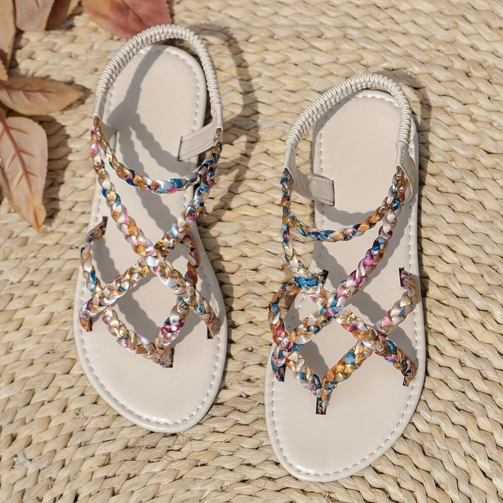 (beige, 39) Women's Fashion Sandals, New Fairy Style Flat Roman Shoes, Bohemian Vacation Beach Shoes