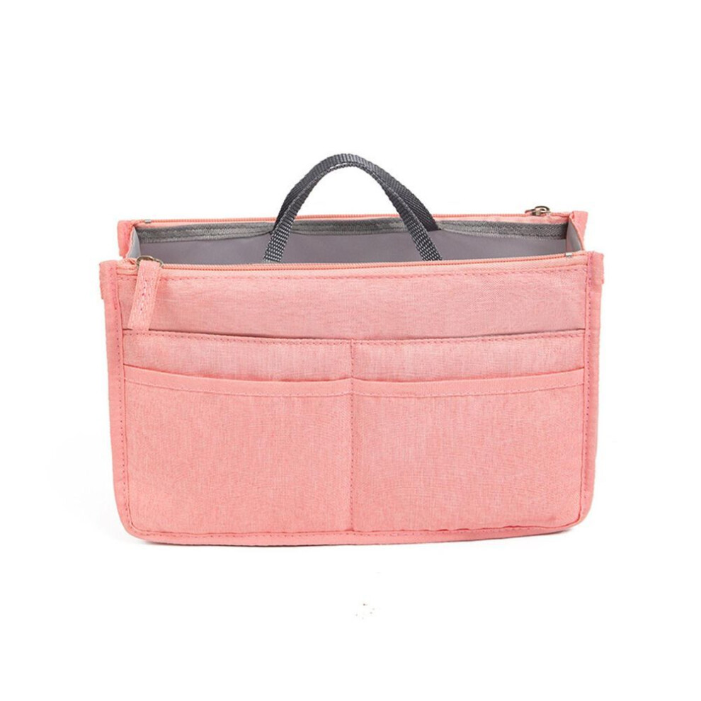 (pink, S) Portable Insert Bag Organizer Storage Pouch with Zippers Large Capacity for Makeup and Skincare