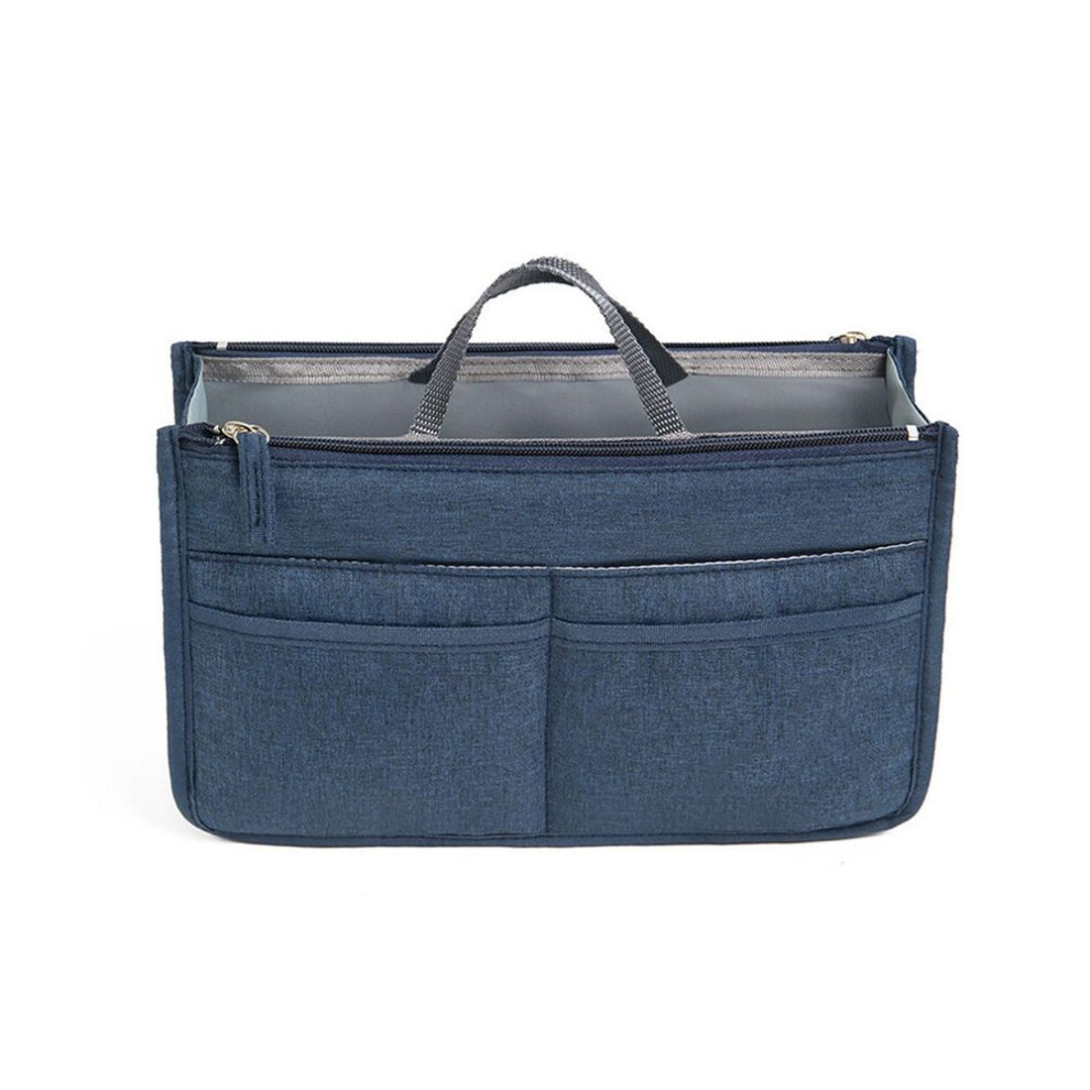 (dark blue, S) Portable Insert Bag Organizer Storage Pouch with Zippers Large Capacity for Makeup and Skincare
