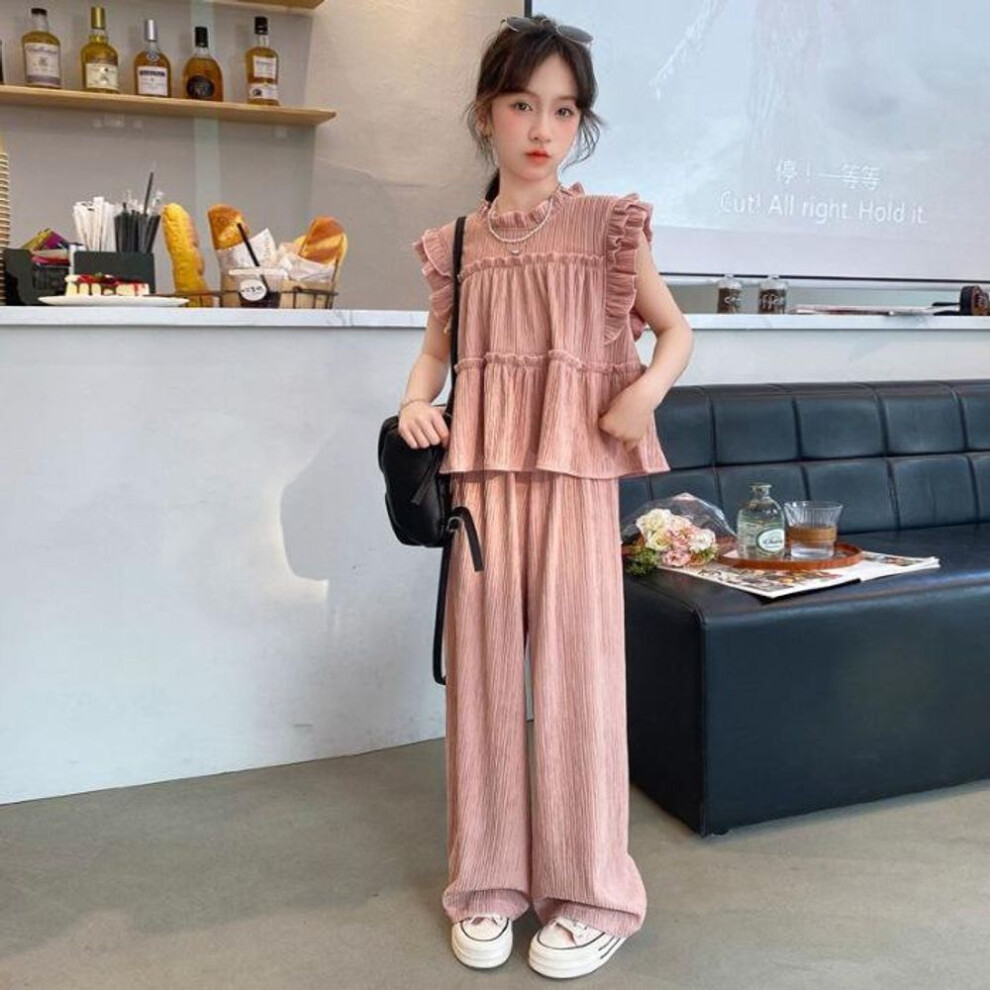(pink, 150) Girls Clothes Summer Kids Fashion Flouncing Tops & Pants Two Piece Set Children Sleeveless Suit Teenager Girl Outfits