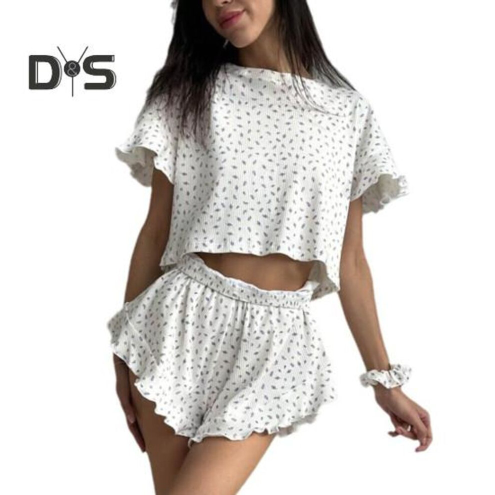 (S, white) 2 Pcs/Set Women Pajama Set Heart Print Ruffle Edge Round Neck Short Sleeve T-shirt Elastic Waist Shorts Lady Loungewear Sleepwear Set Home Top Shorts
