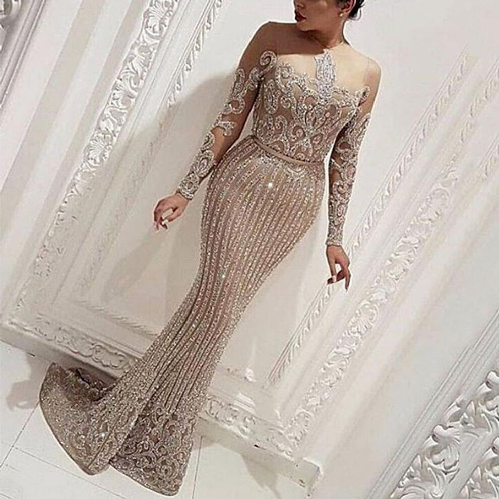 (beige, M) Spring/summer Long Dress Mid-waist Style Commuter Glitter Sprinkled Gold Slim-fit Gold Dress