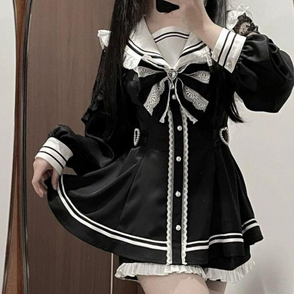 (black, XL) Japanese Style Gothic Y2k Lolita Bow Dress Shorts Set Women Vintage Sweet Long Sleeve Button Shirt Party Dresses Slim Mini Dress
