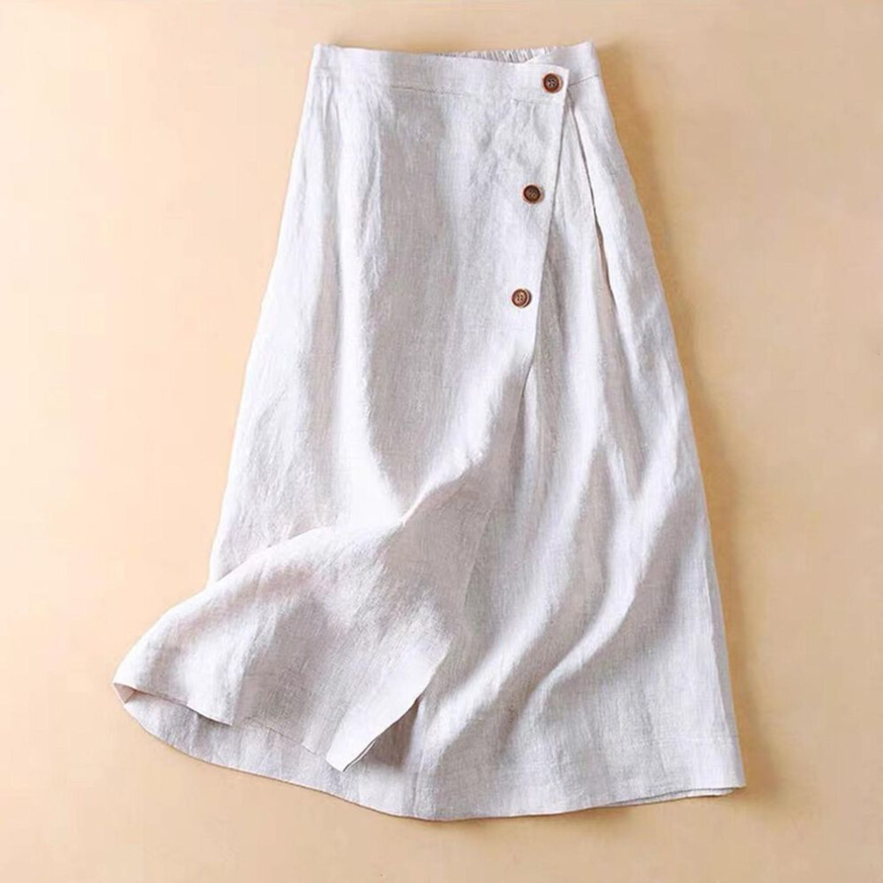 (XL, white) Leisure A-line Skirt, Summer Cotton And Linen Mid Length, Elastic Waist, Large Swing Skirt