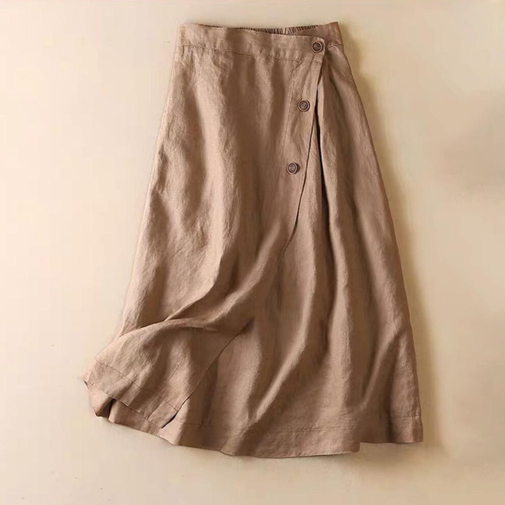 (XL, khaki) Leisure A-line Skirt, Summer Cotton And Linen Mid Length, Elastic Waist, Large Swing Skirt