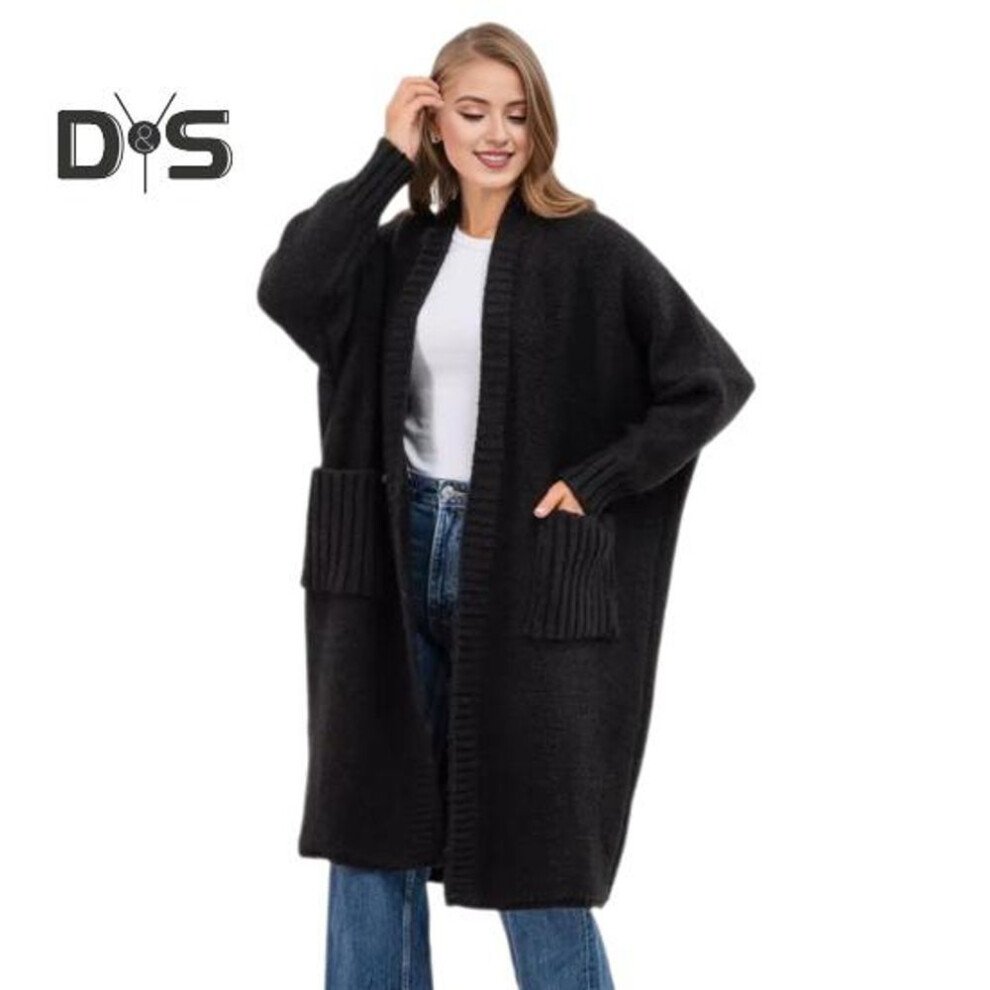 (XL, black) Women Sweater Cardigan V-Neck Long Sleeve Ribbed Trim Solid Color Sweater Coat Solid Color Open Front Mid-length Knitting Outwear