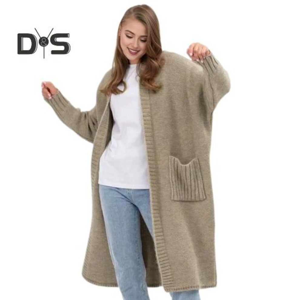(M, khaki) Women Sweater Cardigan V-Neck Long Sleeve Ribbed Trim Solid Color Sweater Coat Solid Color Open Front Mid-length Knitting Outwear