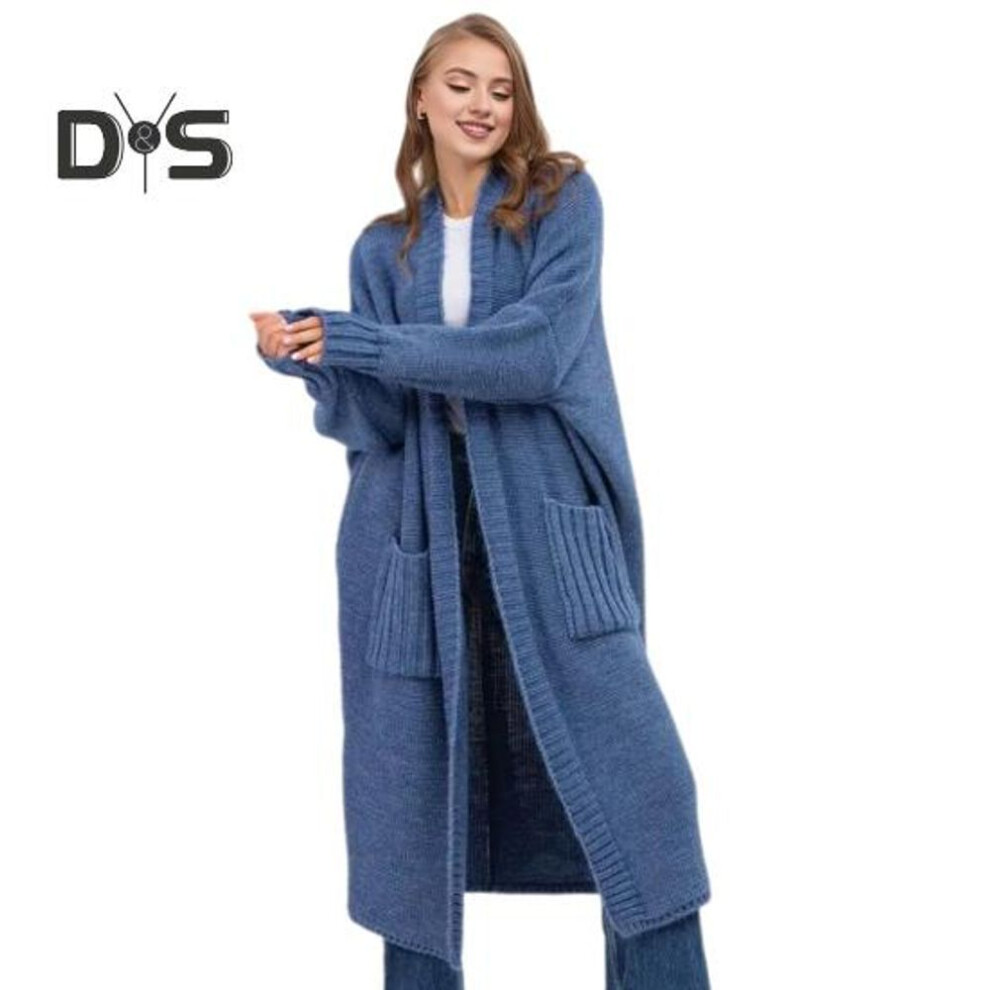 (XL, blue) Women Sweater Cardigan V-Neck Long Sleeve Ribbed Trim Solid Color Sweater Coat Solid Color Open Front Mid-length Knitting Outwear