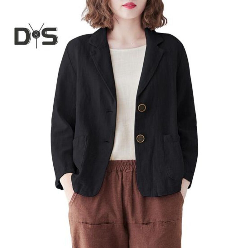 (black, XL) Fall Spring Suit Coat Turn-down Collar Loose Long Sleeves Pure Color Double Buttons Cardigan Casual Daily Wear Jacket