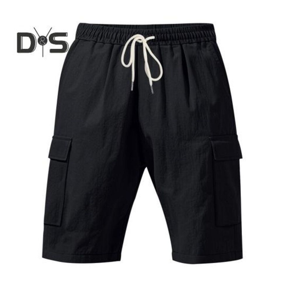 (black, S) Men Summer Shorts Solid Color Casual Regular Style Shorts with Elastic Belts Drawstrings Breathable Cargo Shorts