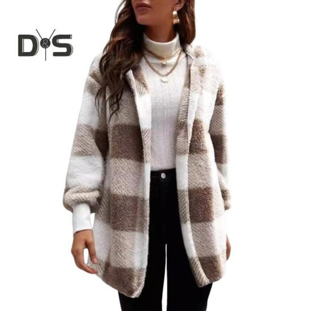 (khaki, L) Lady Winter Coat Contrast Color Plaid Print Thick Double-Sided Velvet Hooded Open Stitch Elastic Cuffs Loose Keep Warm Overcoat