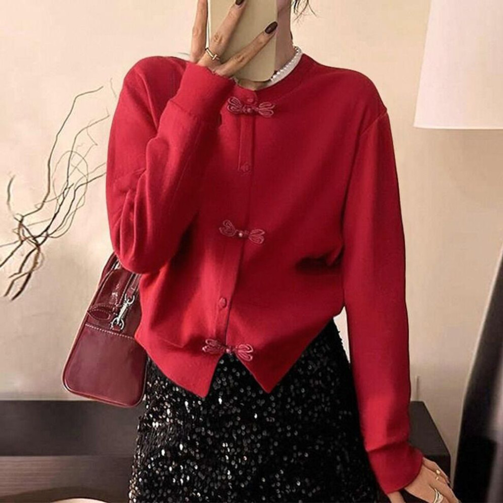 (S, red) ZANZEA Women Spring Round Neck Long Sleeve Cardigans Blouse