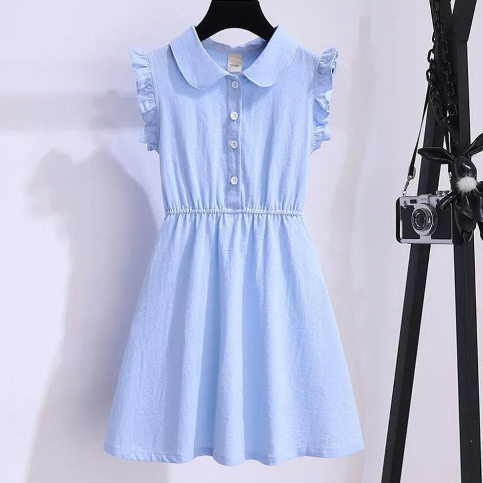 (light blue, 170cm) Summer Sleeveless Lace Dresses for Girls – New Mid-Length Beach Styles for Tweens