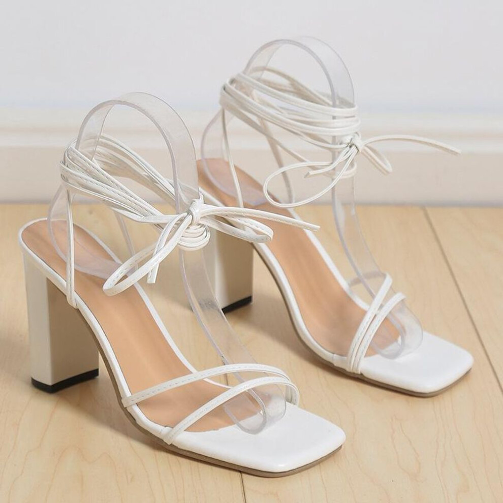 (white, 43) 2022 Summer Women's Sexy Square Toe Stiletto High Heel Strappy Sandals