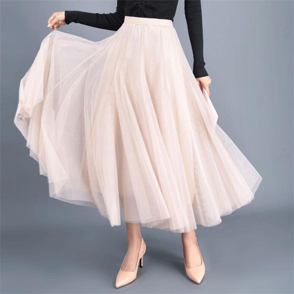 (L, apricot) Women Fashion Loose A Line Mesh Skirt Spring and Summer New Solid High Waist Pleated Casual Skirts for Women Elegant Vintage Slim Ladies Skirt 3392