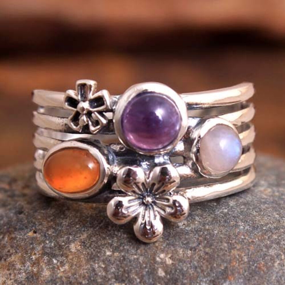 (white, 9.5) Three Stone Ring, Gifts For Her, Silver Charm Ring, Natural Gemstone, Moonstone Ring, 925 Sterling Silver Handmade Jewelry