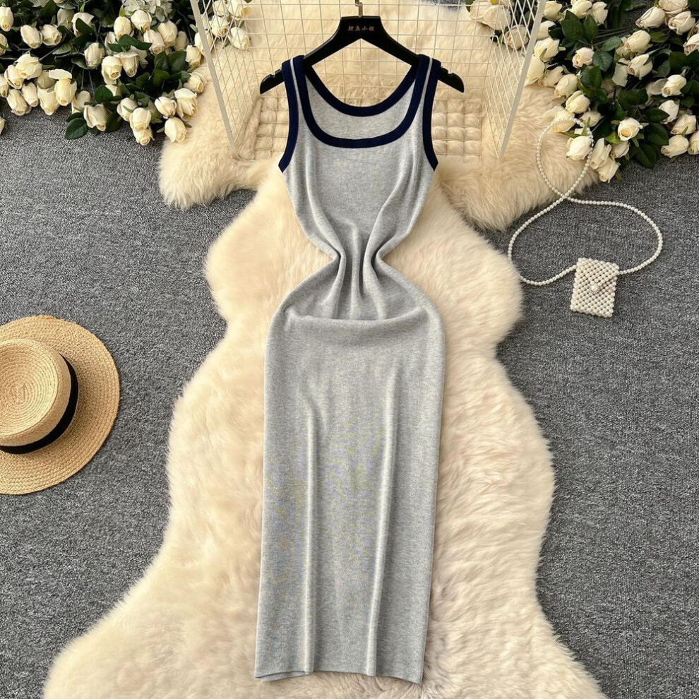 (gray, One Size) Elegant Sexy Square Collar Sleeveless Chic Patchwork Vintage Knitted Slim Long Dresses Korean High Street Women Elastic Clothing