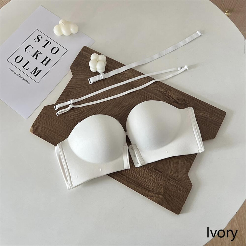 (ivory, M) Women Front Closure Bras Thickening Gathered Bra Seamless Wireless Soft Brassiere Push Up Strapless Sexy Invisible Lingerie Intimate