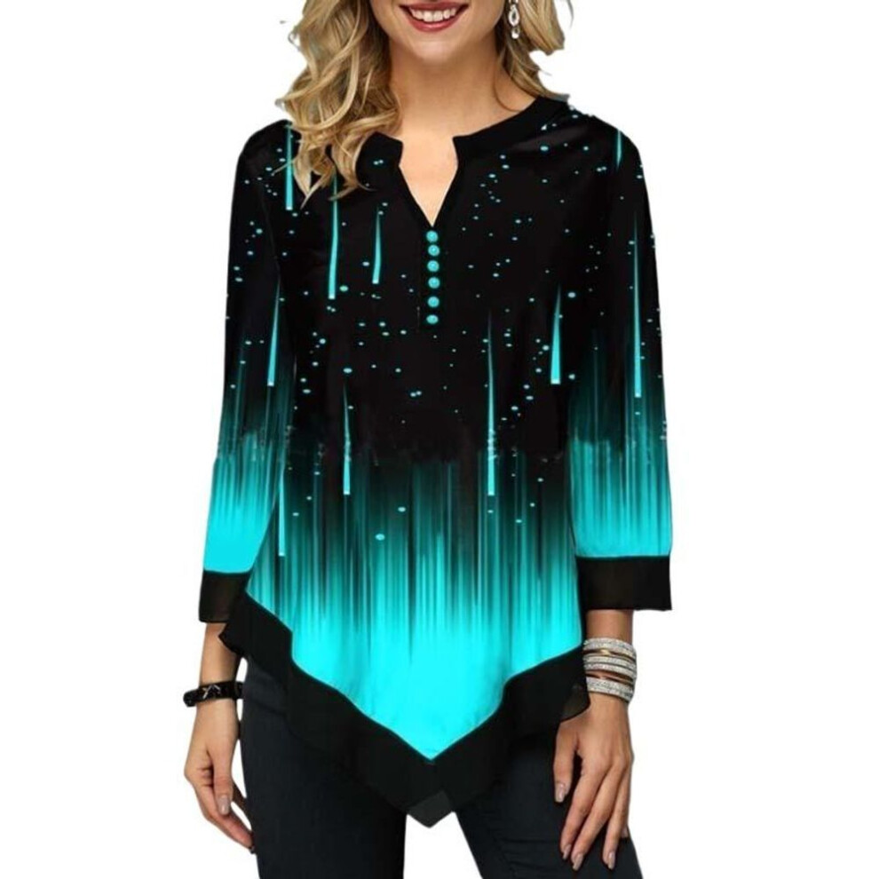 (4XL, green) Women Top Summer Autumn 3D Digital Printing V Neck Irregular Loose T-shirts & Long-sleeve Tops