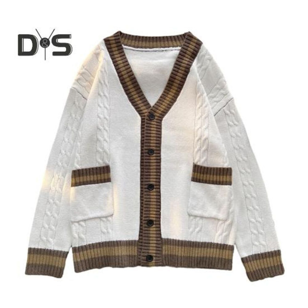 (2XL, white) Fall Winter Unisex Sweater Cardigan with Pockets V Neck Knit Color Matching Japanese Style Thick Elastic Long Sleeves Slim Fit Warm Knitwear Daily