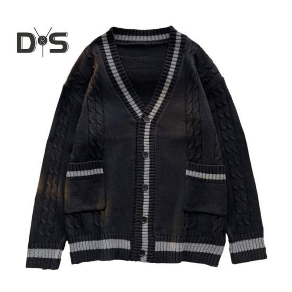 (2XL, black) Fall Winter Unisex Sweater Cardigan with Pockets V Neck Knit Color Matching Japanese Style Thick Elastic Long Sleeves Slim Fit Warm Knitwear Daily
