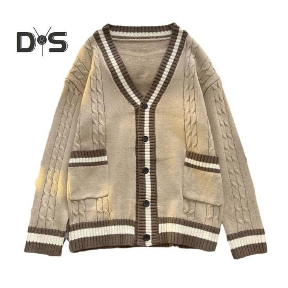(3XL, khaki) Fall Winter Unisex Sweater Cardigan with Pockets V Neck Knit Color Matching Japanese Style Thick Elastic Long Sleeves Slim Fit Warm Knitwear Daily