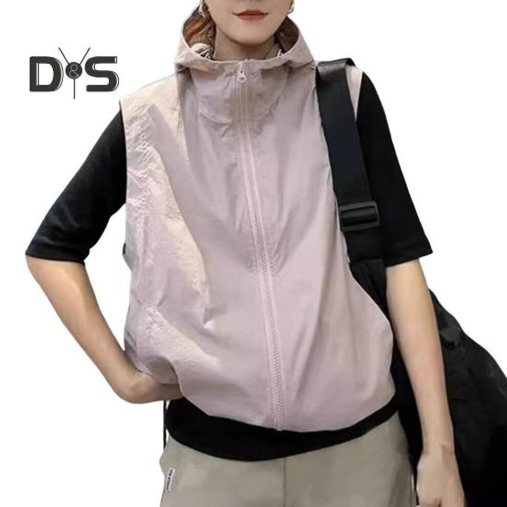(pink, M) Women Ves Hooded Zipper Closure Cardigan Sleeveless Drawstring Hem Solid Color Loose Sun Protection Casual Sports Daily Life Outing Waistcoat