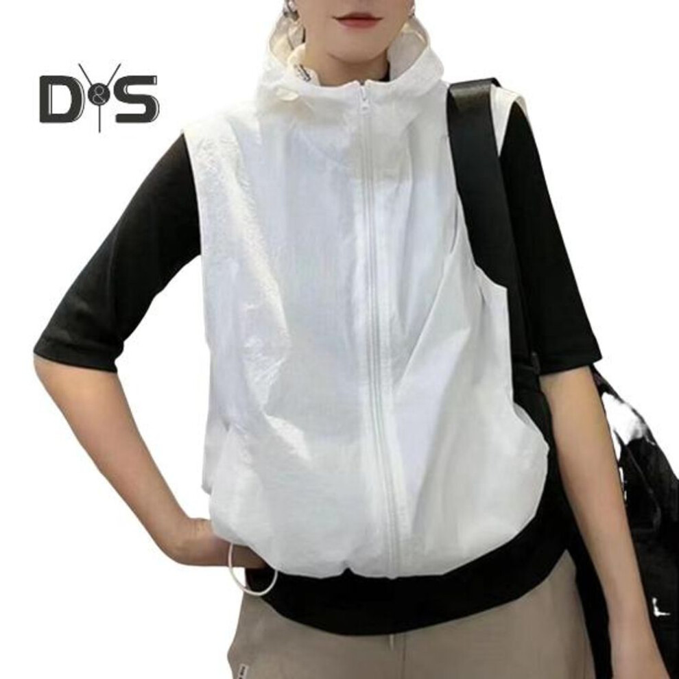 (white, L) Women Ves Hooded Zipper Closure Cardigan Sleeveless Drawstring Hem Solid Color Loose Sun Protection Casual Sports Daily Life Outing Waistcoat