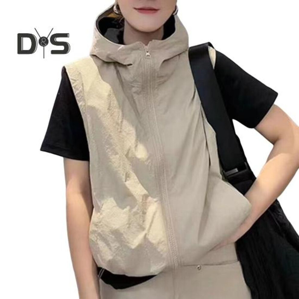 (khaki, M) Women Ves Hooded Zipper Closure Cardigan Sleeveless Drawstring Hem Solid Color Loose Sun Protection Casual Sports Daily Life Outing Waistcoat