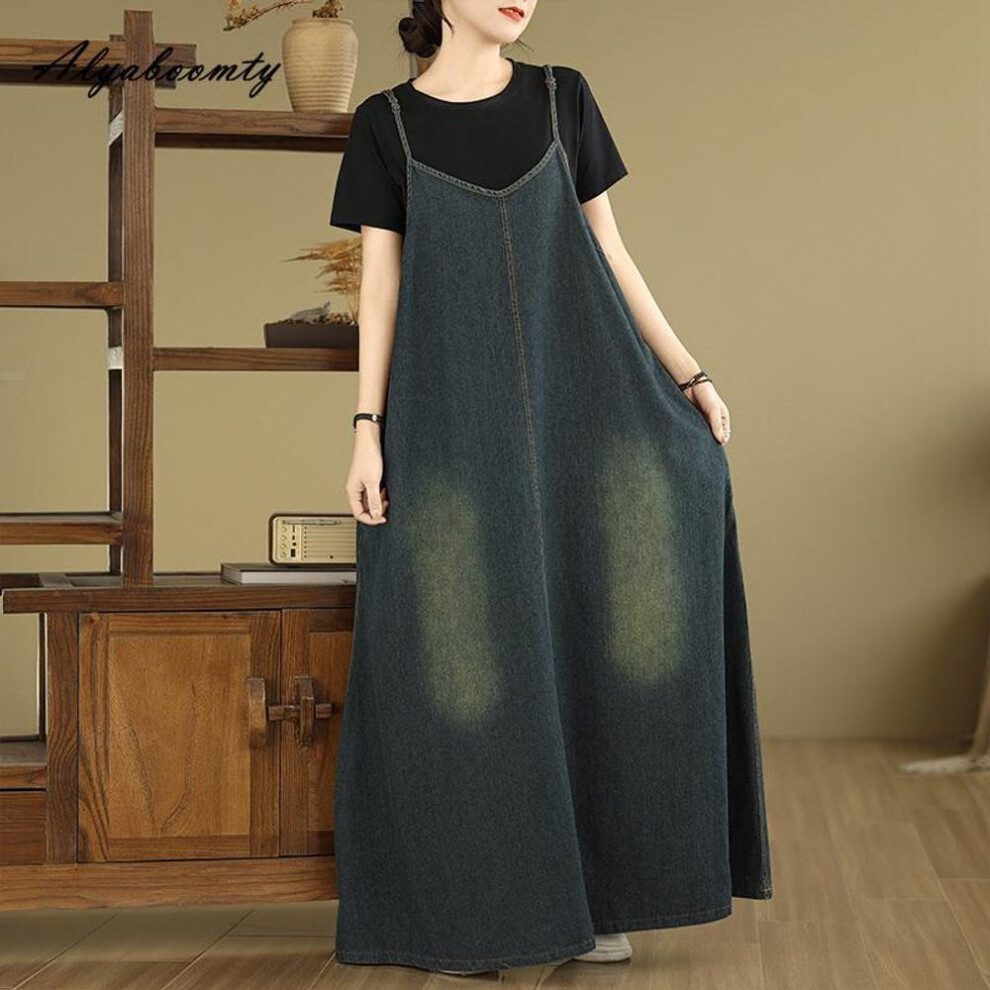 (as the picture, XXL) Korean Fashion Spring Autumn Women Plus Size Midi Denim Sundress Suspenders Baggy Vintage Washed Cotton Long Sleeveless Dress With Pockets