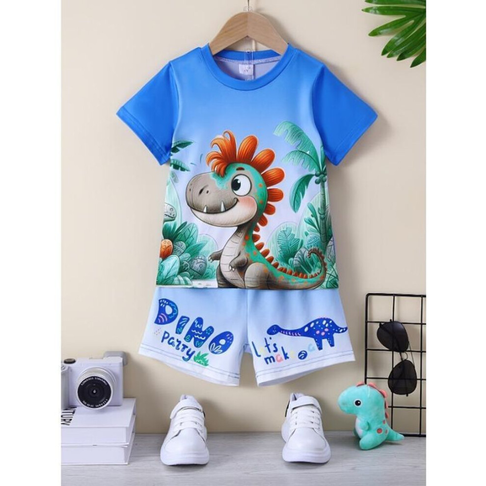 (as the picture, 140CM) Boys' 2pcs Set Dinosaur Jungle Print Crew Neck Short Sleeve T-shirt & Shorts Casual Knit Fabric Outfit Comfortable Spring/summer Wear