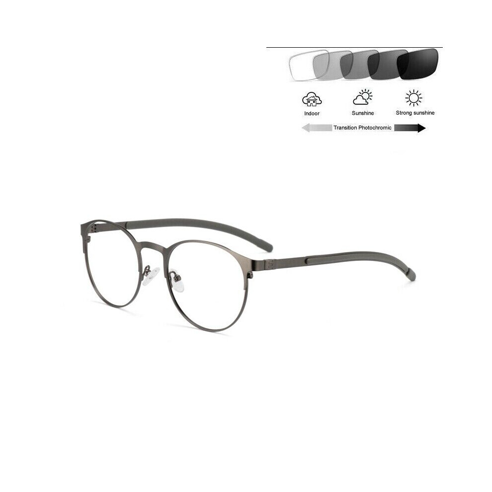 (Gray, +2.0) Metal Outdoor Mens Womens Round UV Photochromic Reading Glasses 0~4.0-image-OPC-PHCTG5K-NEW