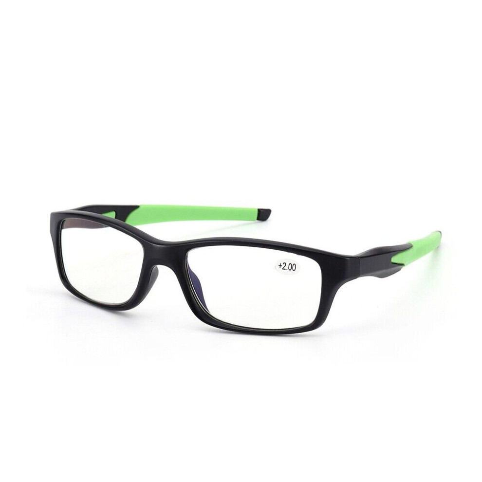 (+2.0, Green) Mens Sport Reading Glasses Blue Light Blocking Readers Rubber Anti-Slip +1.0  ~ +3.5