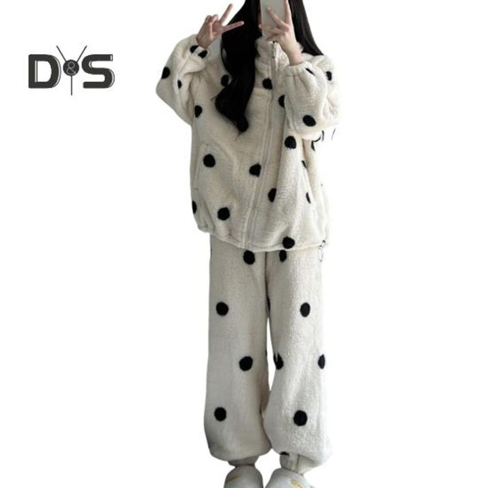 (L, apricot) 2 Pcs/Set Women Winter Pajamas Suit Thick Fleece Zip-up Dot Printing Long Sleeve High Collar Top Loose Pants Warm Sleepwear Casual Home Bedroom Wear
