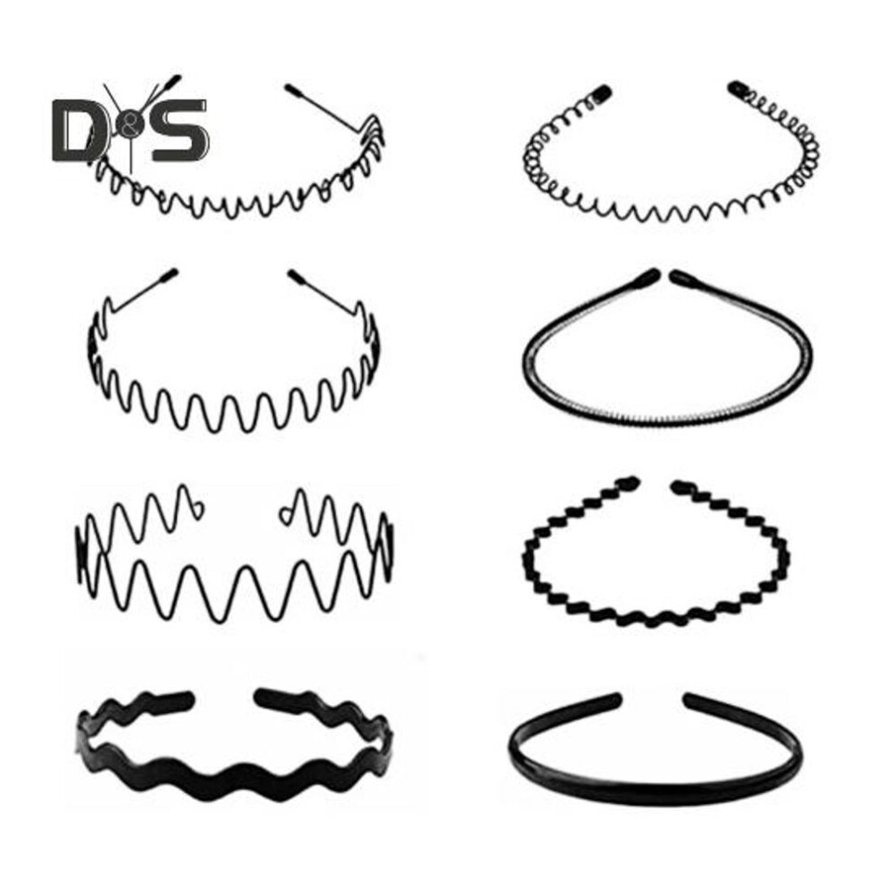 (as the picture, 8pcs) 5/8/10Pcs Black Metal Headbands Unisex Spring Wavy Hairband Non-Slip Sports Hair Hoop for Men Women Fitness Daily Wear
