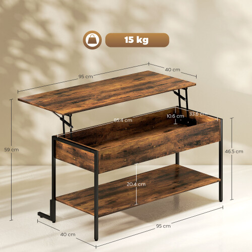 Homcom HOMCOM Industrial Lift Top Coffee Table with Storage Shelf Rustic Brown 2