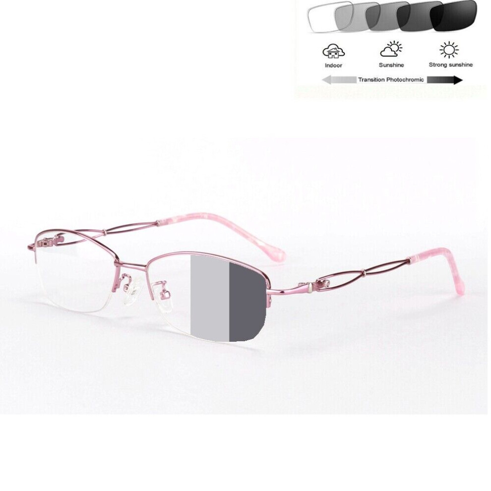 (+0.5, Pink) Half Rimless Transition Reading Glasses Photochromic Sunglasses Readers Women UV +0.25 ~ 6.0-image-OPC-PHCTS7Y-NEW