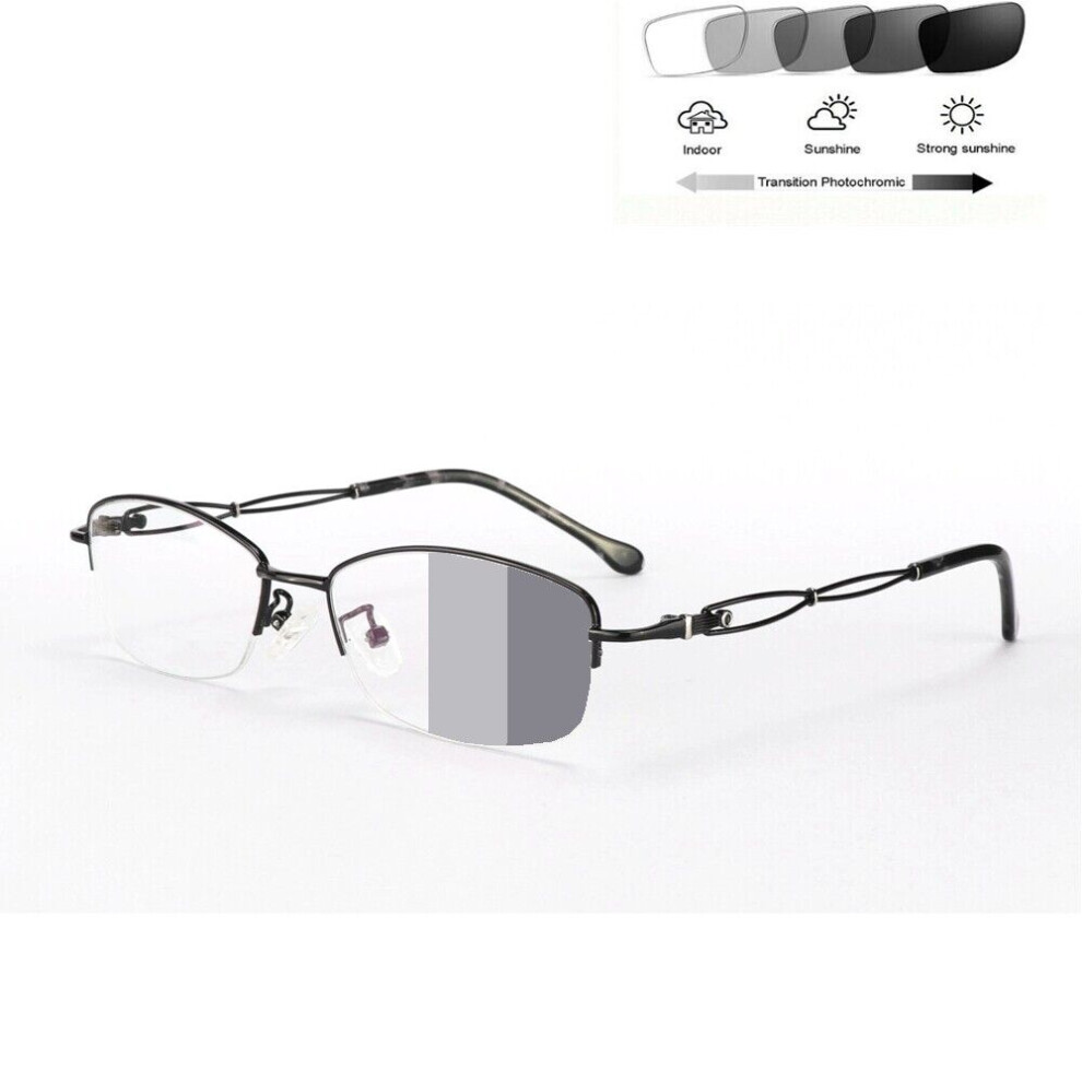 (+2.0, Black) Women Half Rimless Transition Reading Glasses Photochromic Sunglasses Readers UV +0.25 ~ 6.0-image-OPC-PHCTSD7-NEW